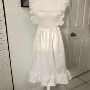 Boho white shirred tie shoulder cami semi maxi dress. Cotton fabric.